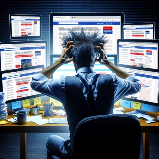 Betreiber einer Website sitzt vor seinem Computer und reisst sich die Haare aus.